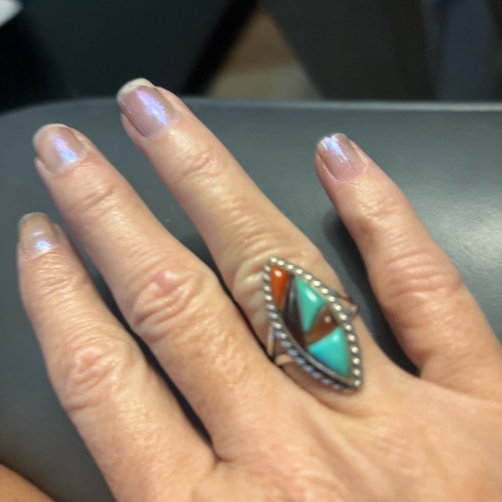 Turquoise Native American  inlay sterling silver ring size 7 signed